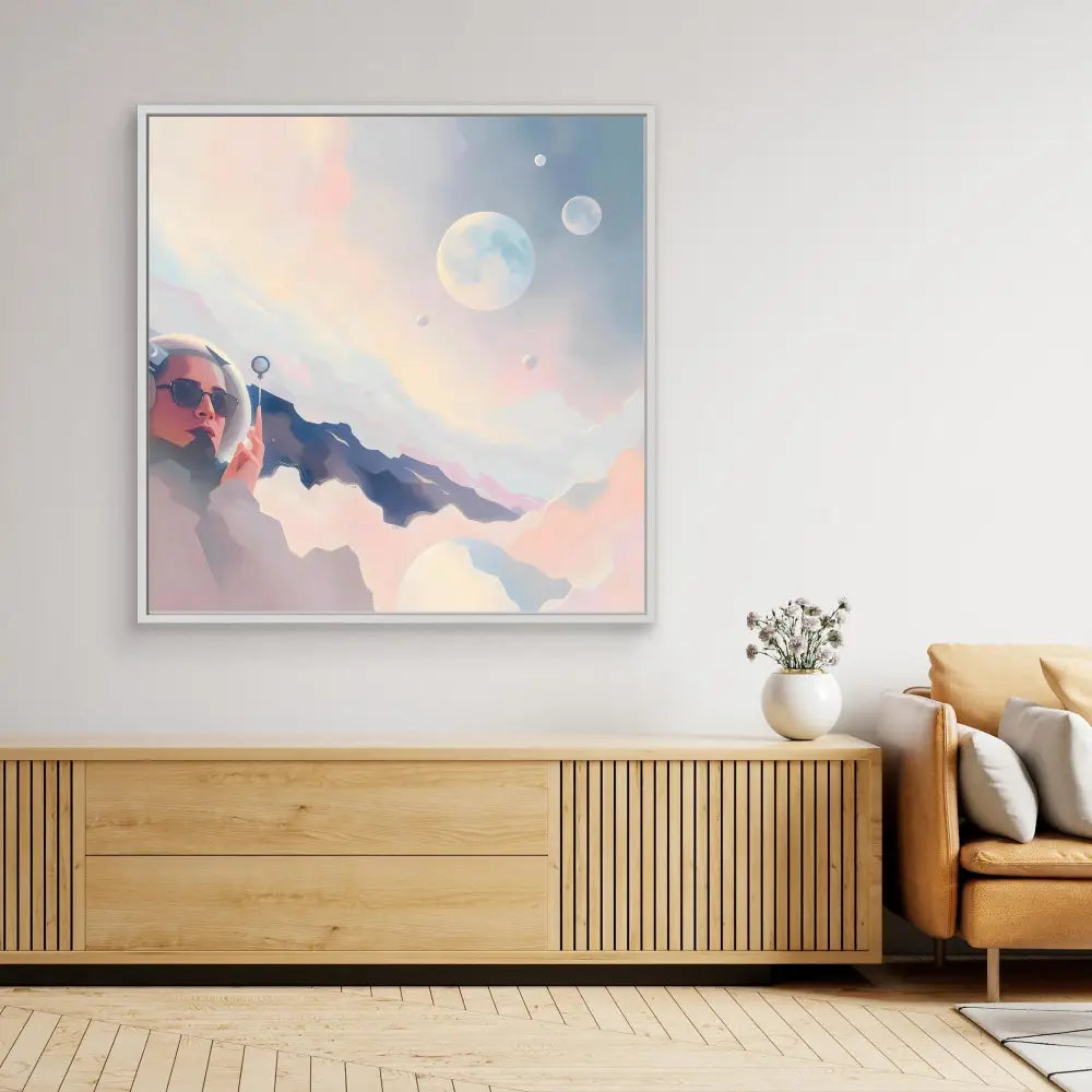 Dreamy abstract artwork featuring mountains and moons against pastel-colored clouds.