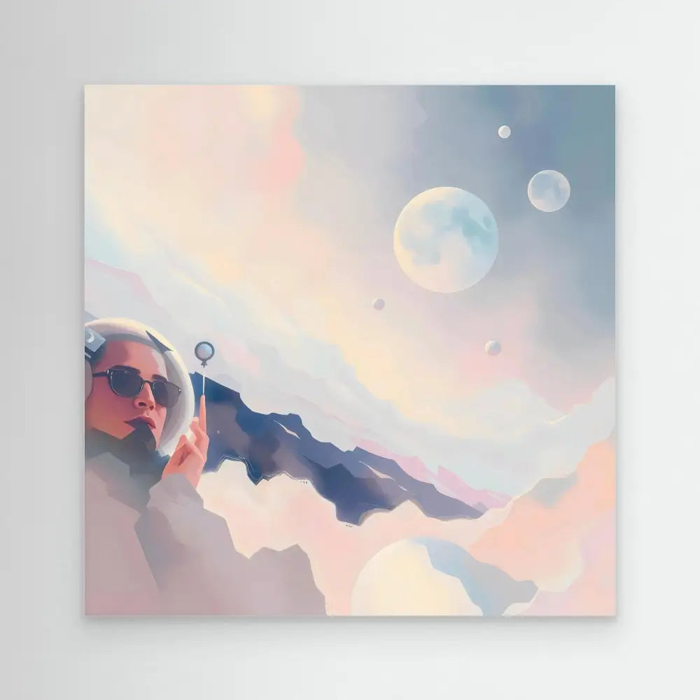 A dreamy mountain range with multiple moons in a pastel-colored sky.