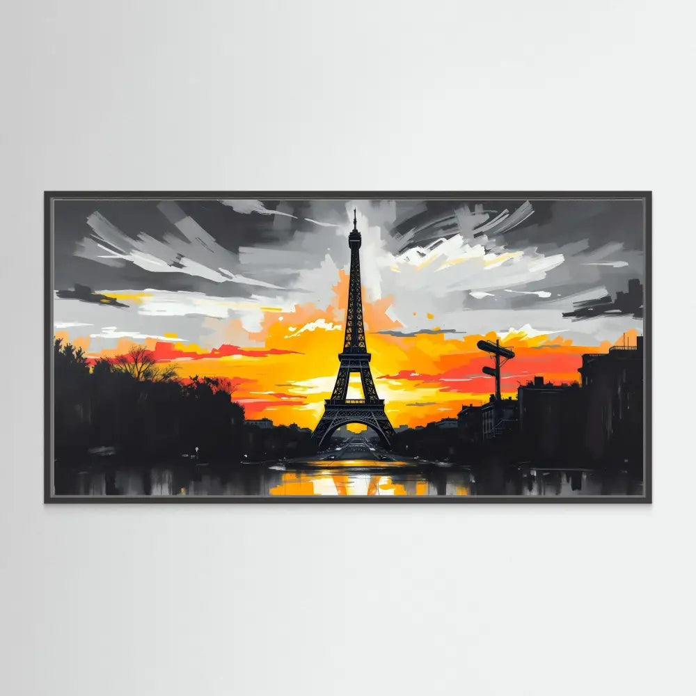 Eiffel Tower silhouetted against a dramatic orange sunset.