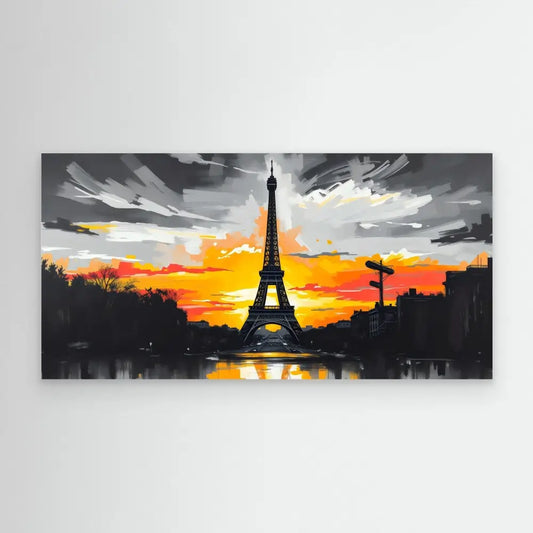 Eiffel Tower silhouetted against a dramatic orange sunset.