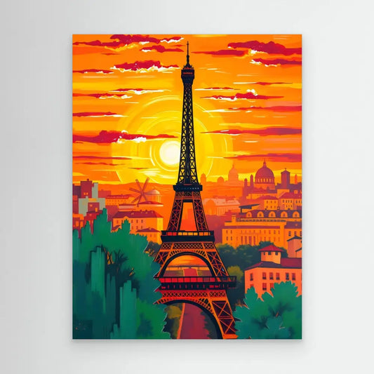 Eiffel Tower silhouetted against a vibrant orange sunset sky.