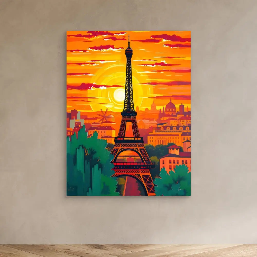 Eiffel Tower silhouetted against a vibrant orange sunset sky.