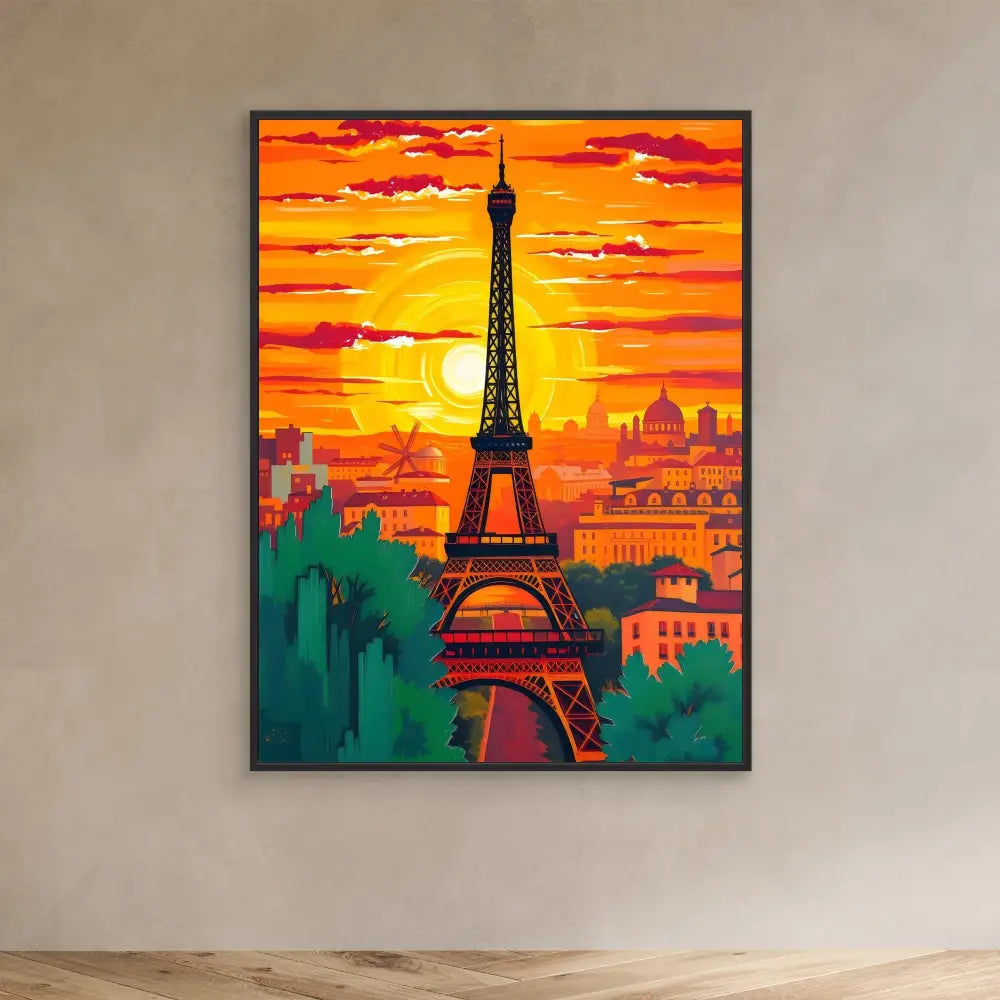 Eiffel Tower silhouetted against a vibrant orange sunset sky.