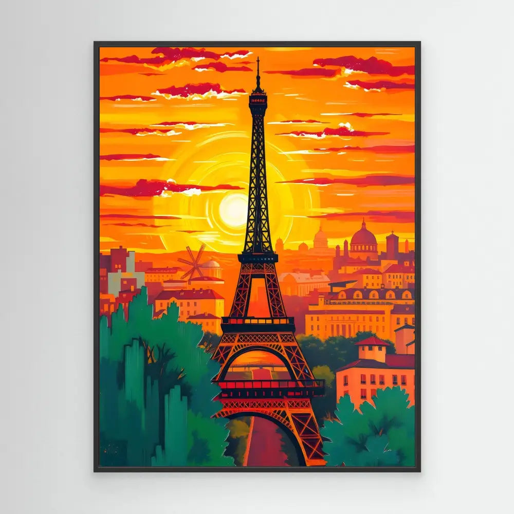 The Eiffel Tower stands silhouetted against a vibrant orange sky.