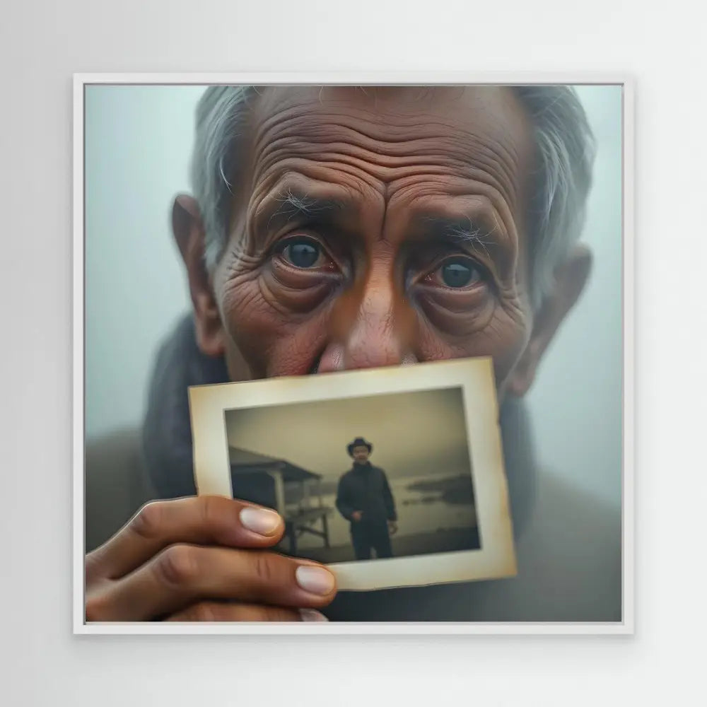 An elderly person holding up an old photograph.