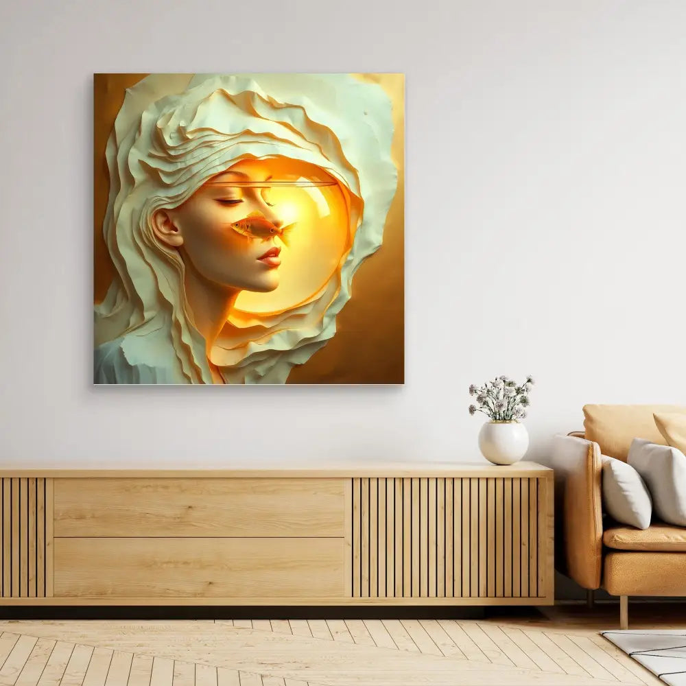 Ethereal art piece depicting a profile view illuminated by warm golden light through flowing paper-like layers.