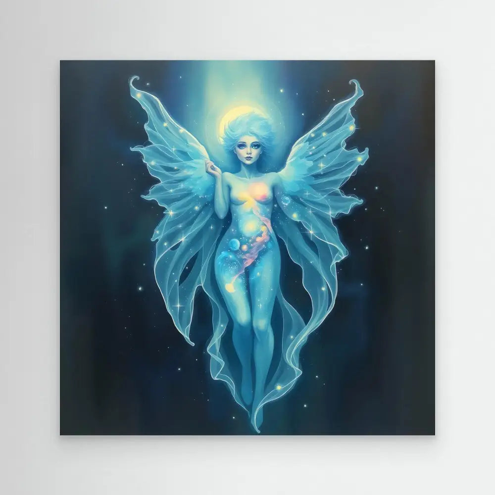 Ethereal blue fairy with glowing translucent wings floating in a mystical pose.