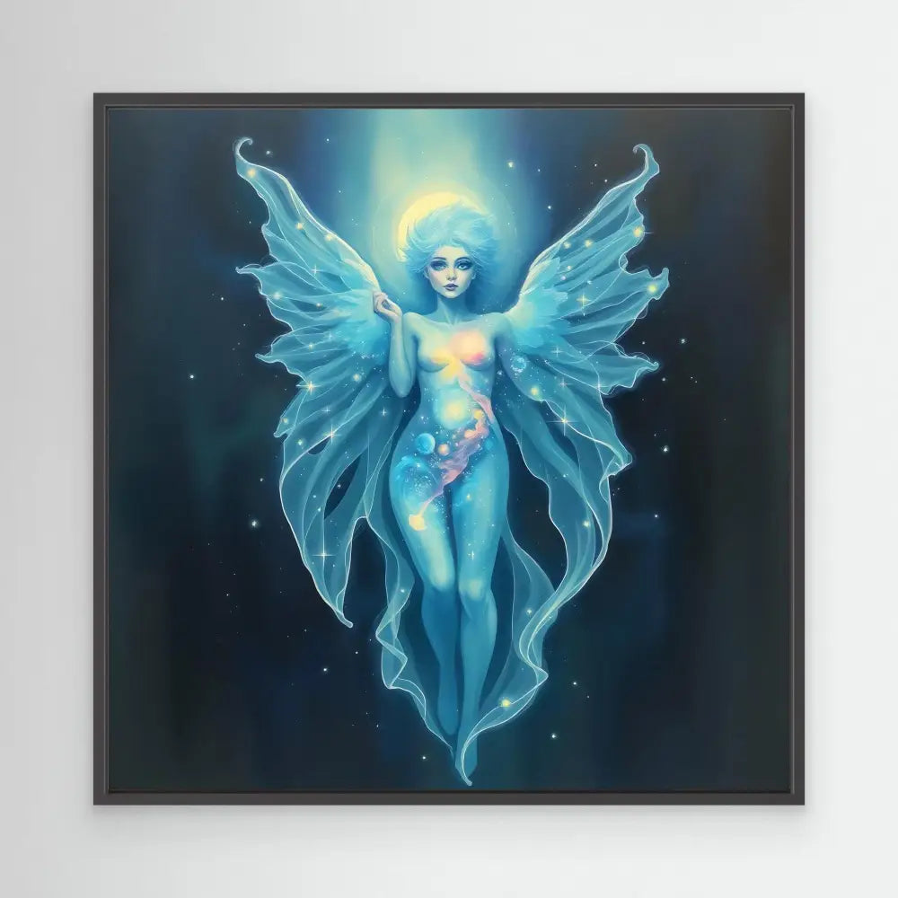 Ethereal blue fairy with glowing translucent wings floating in a mystical pose.