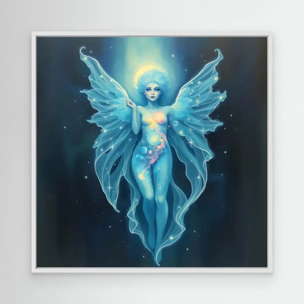 Ethereal blue fairy with translucent wings floating in a celestial pose.