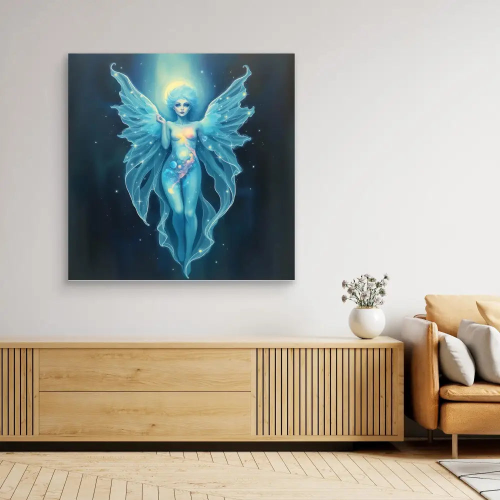 Ethereal blue fairy with glowing wings and luminescent aura.