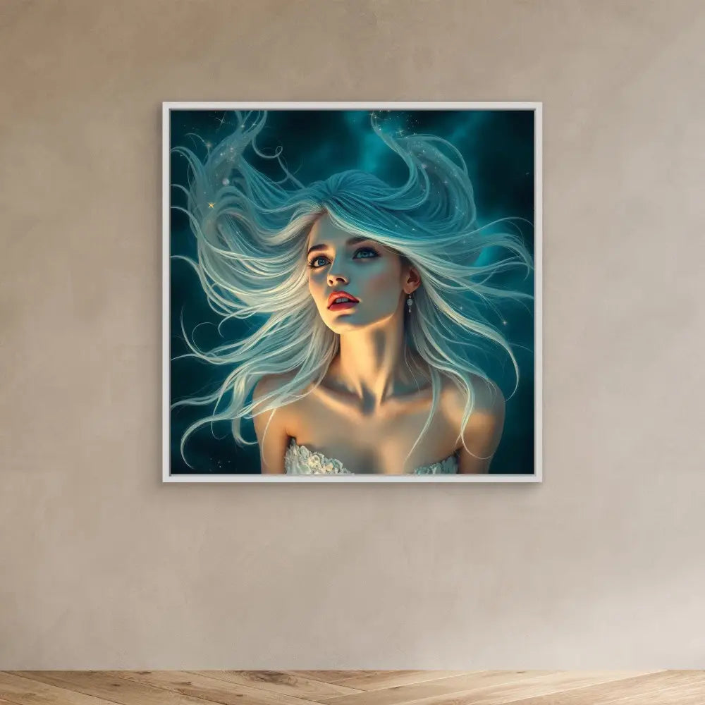 Ethereal digital artwork depicting flowing turquoise hair and glowing skin against a dark backdrop.