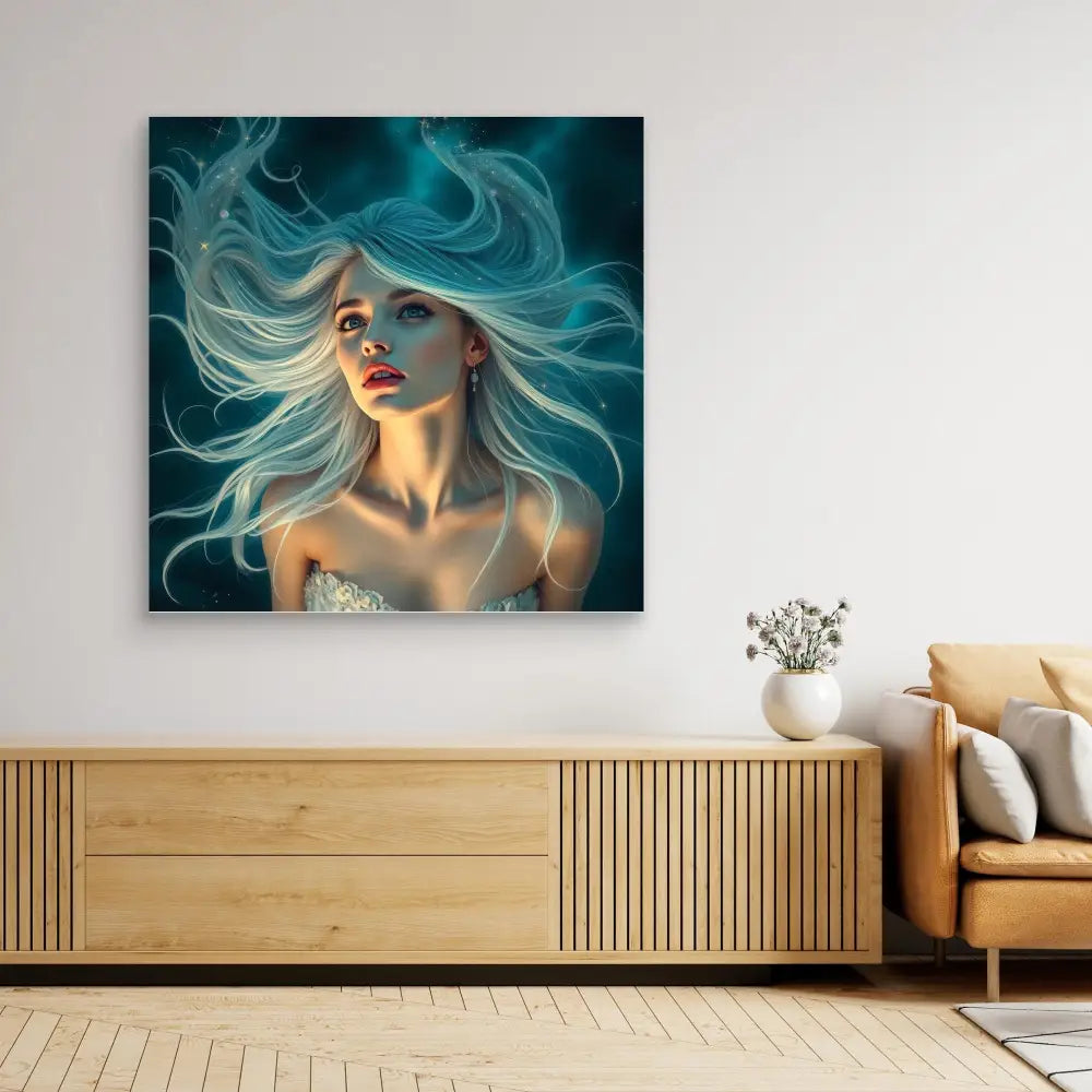 Ethereal digital artwork featuring flowing white hair against a teal background.