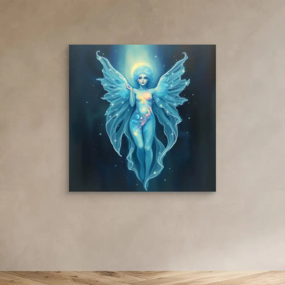 Ethereal fairy with glowing blue wings and luminescent body floating in a mystical pose.