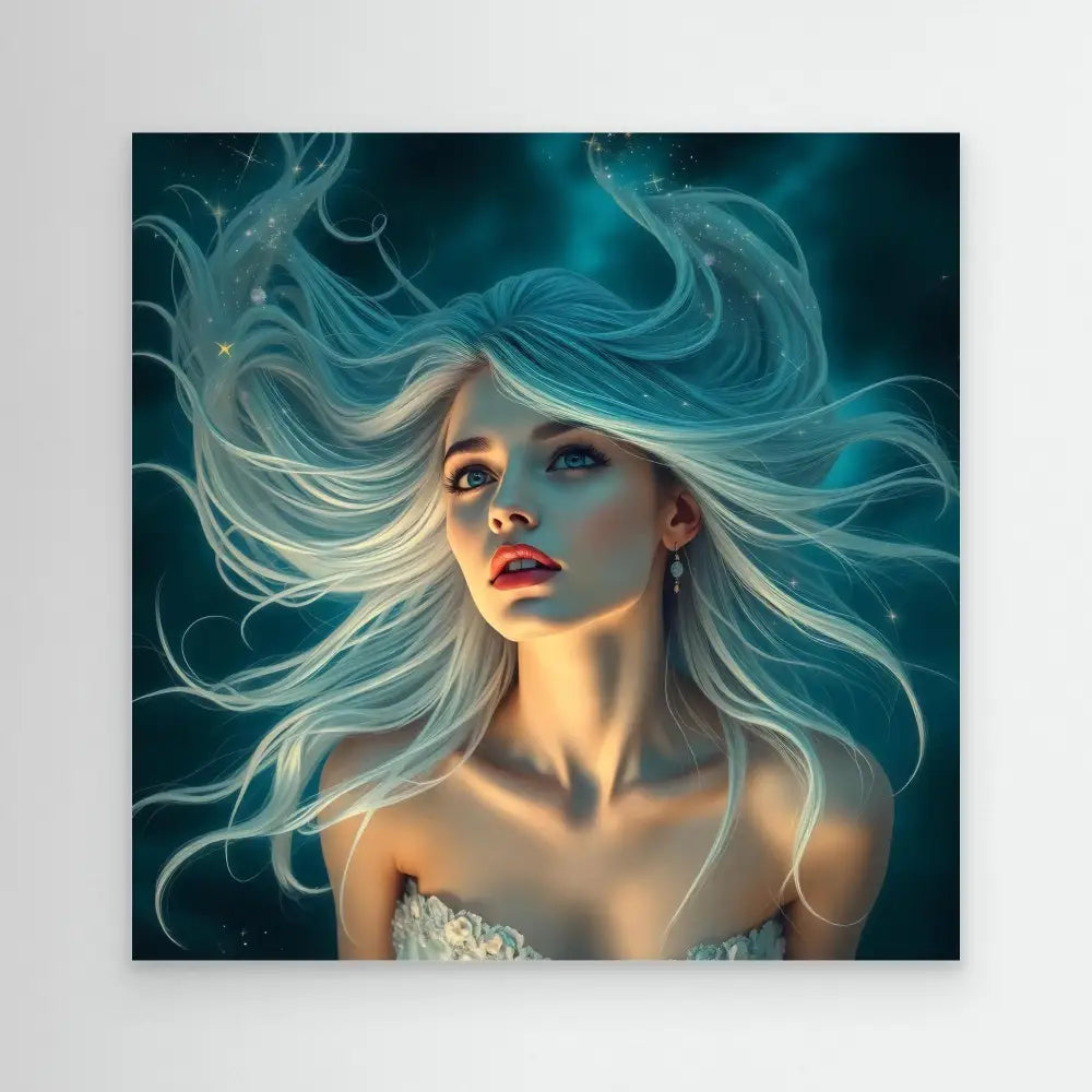 Ethereal fantasy portrait with flowing turquoise-tinted hair and luminous skin tones.