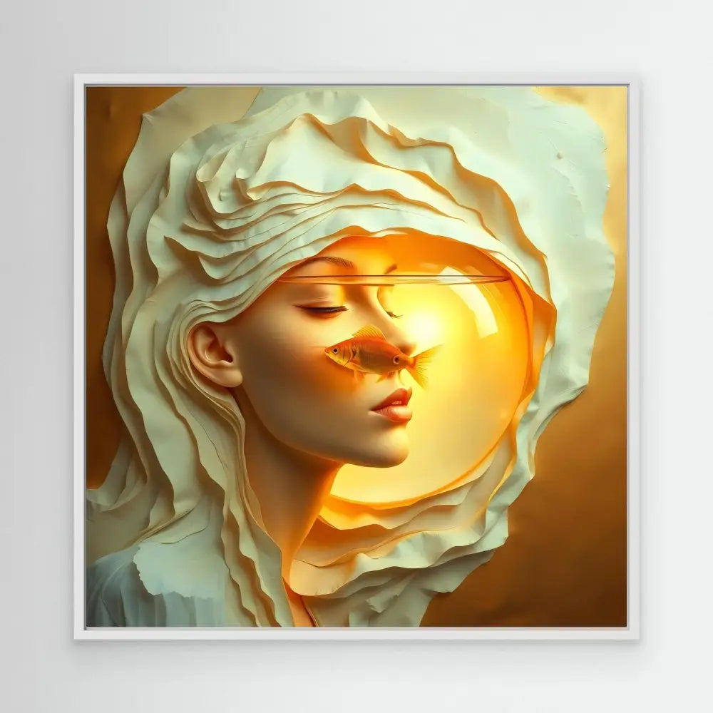 Ethereal profile portrait emerging from layered paper-like folds with warm golden light illuminating it.