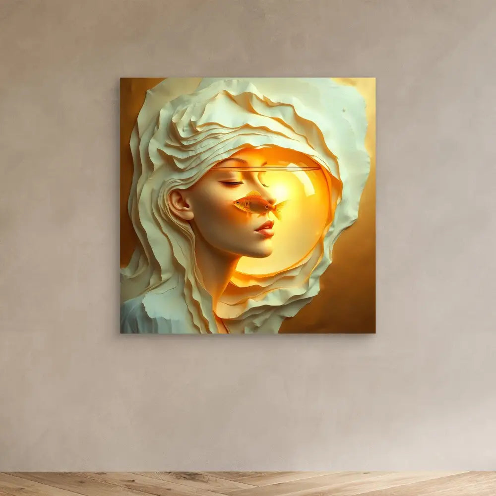 Ethereal sculpture with flowing fabric-like layers illuminated by warm golden light.