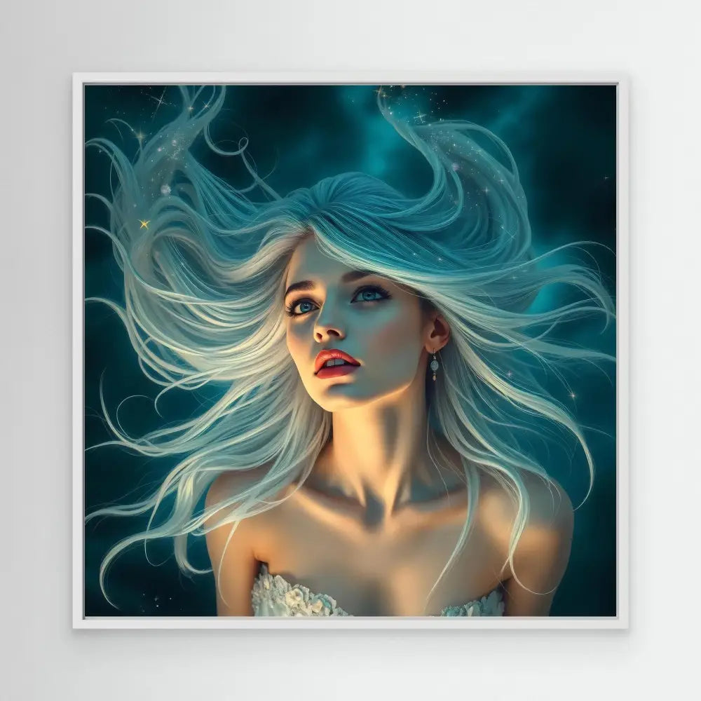 Fantasy-style digital artwork showing flowing turquoise and white hair against a dark backdrop.