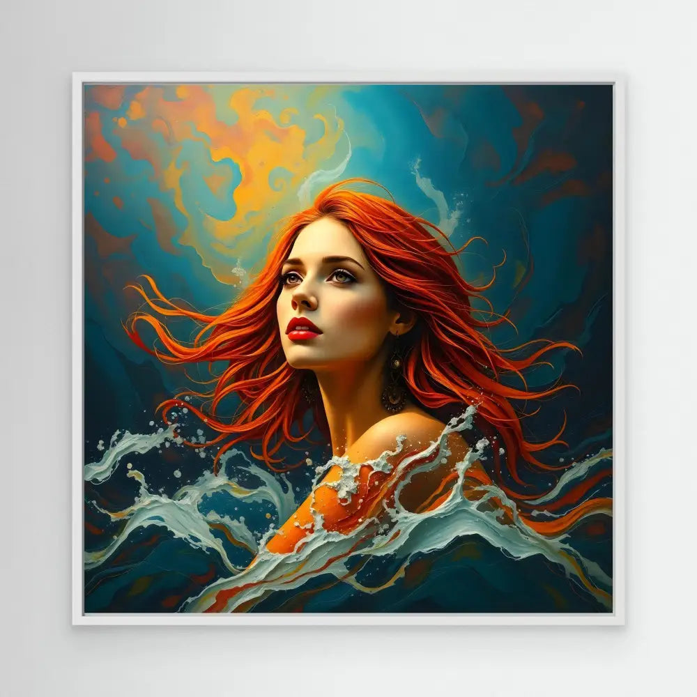 A fantasy-style portrait showing flowing red hair against swirling water and mist.