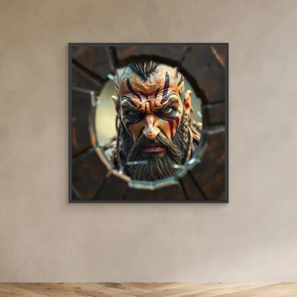 Fierce warrior face with tribal face paint and a thick beard viewed through a broken circular frame.