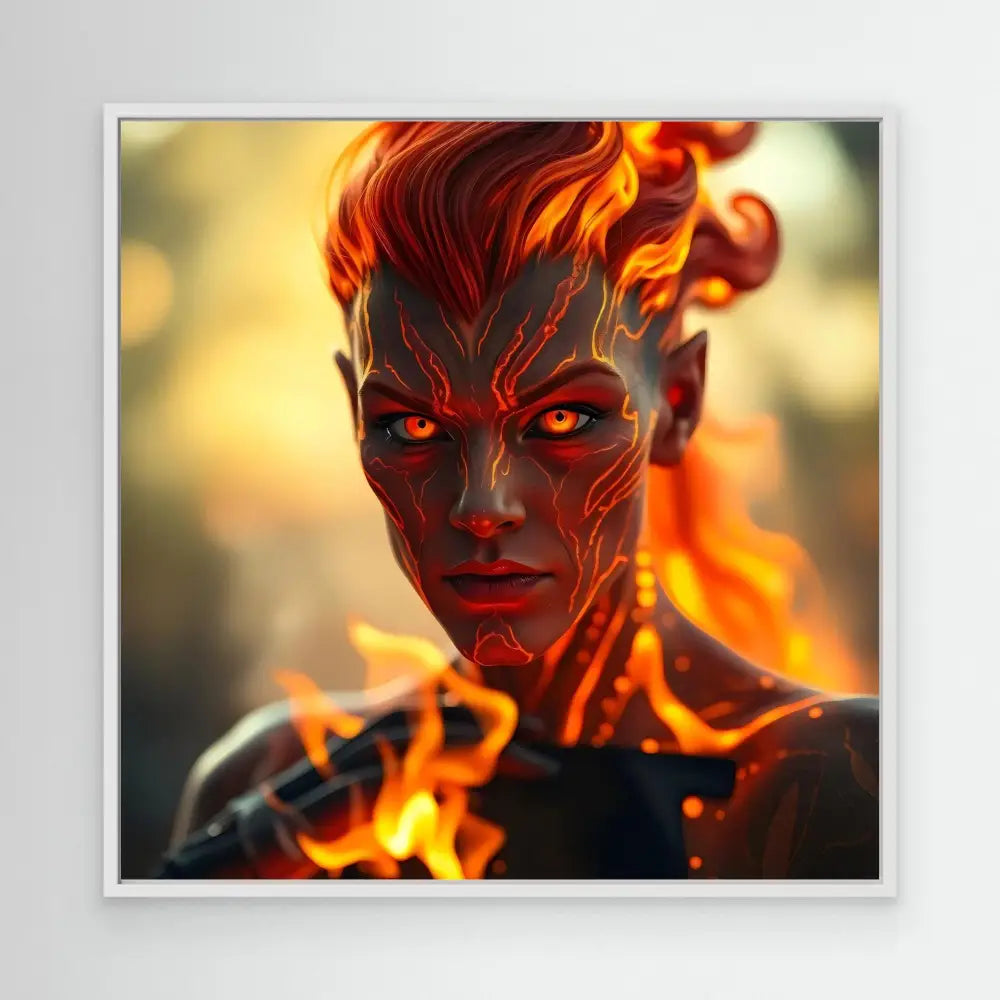 A fiery demonic figure with glowing red eyes and flame-like cracks across their skin.