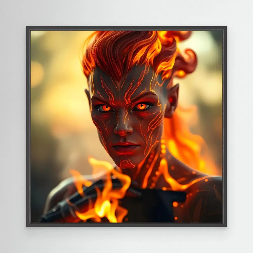 A fiery demonic figure with glowing red eyes and flame-like cracks across their darkened skin.