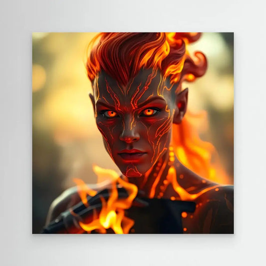 A fiery demonic figure with glowing red eyes and flame-like cracks across their darkened skin.