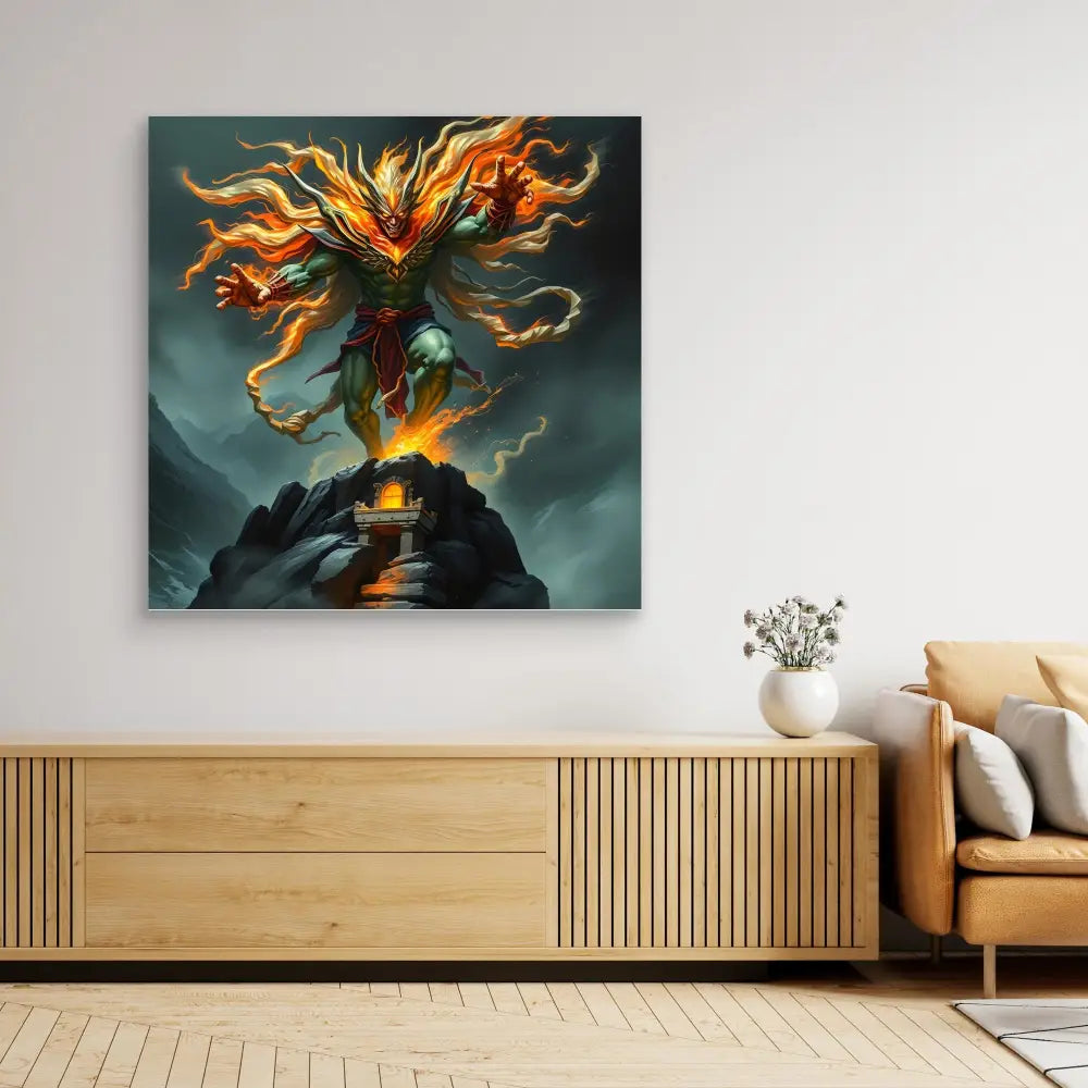 A fiery elemental being erupts from a mountaintop in swirling flames.