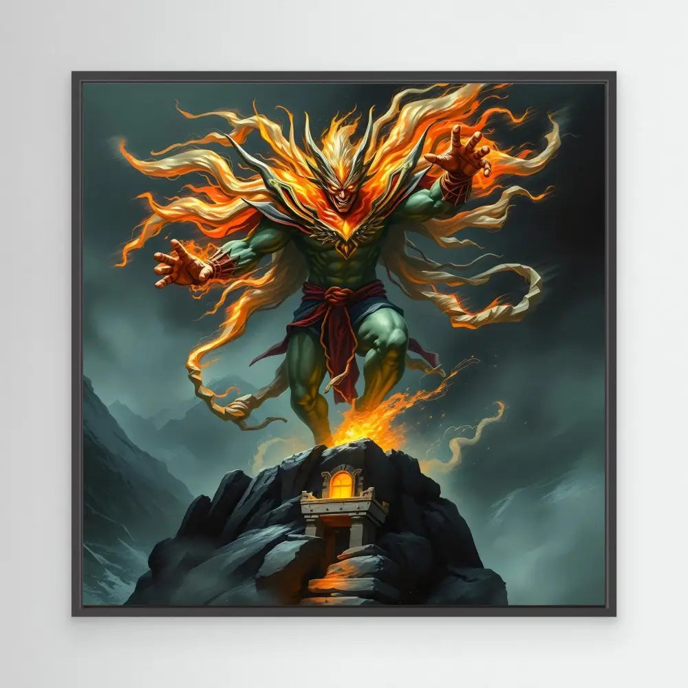 A fiery elemental being with flowing flame-like tendrils hovers above a dark altar.