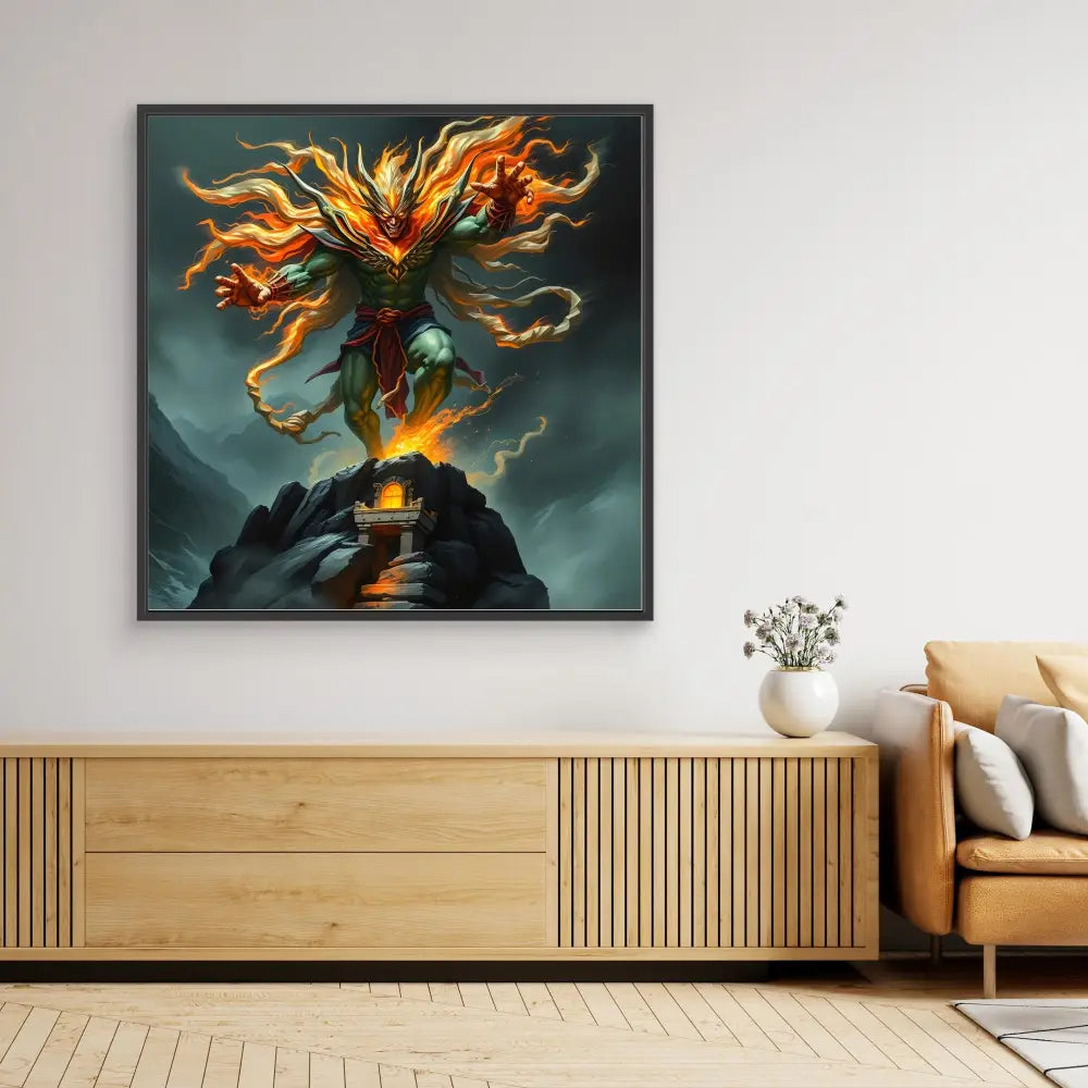 A fiery phoenix rising from a dark mountain peak.