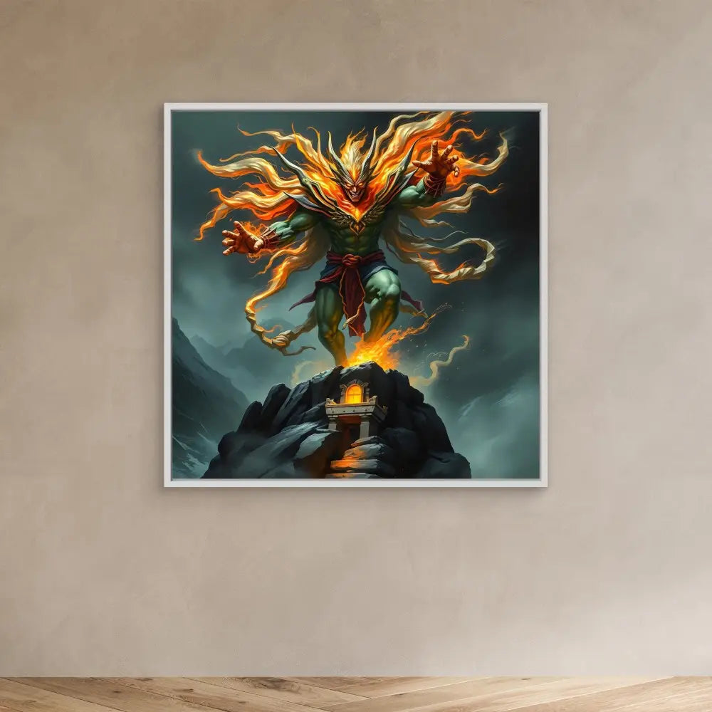 A fiery spirit-like entity erupting from a mountaintop shrine.