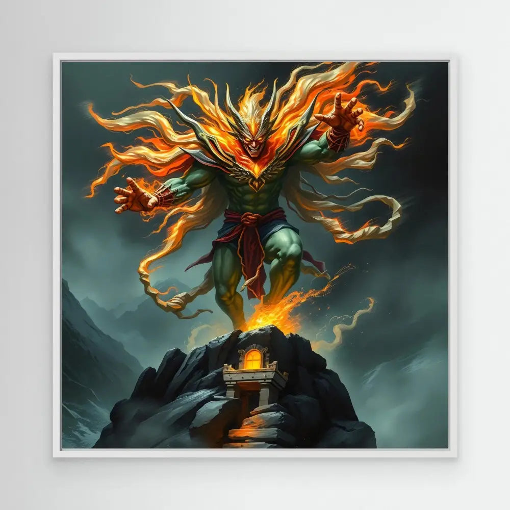 A fiery spirit-like being with flowing flame tendrils hovers above a mountain temple.