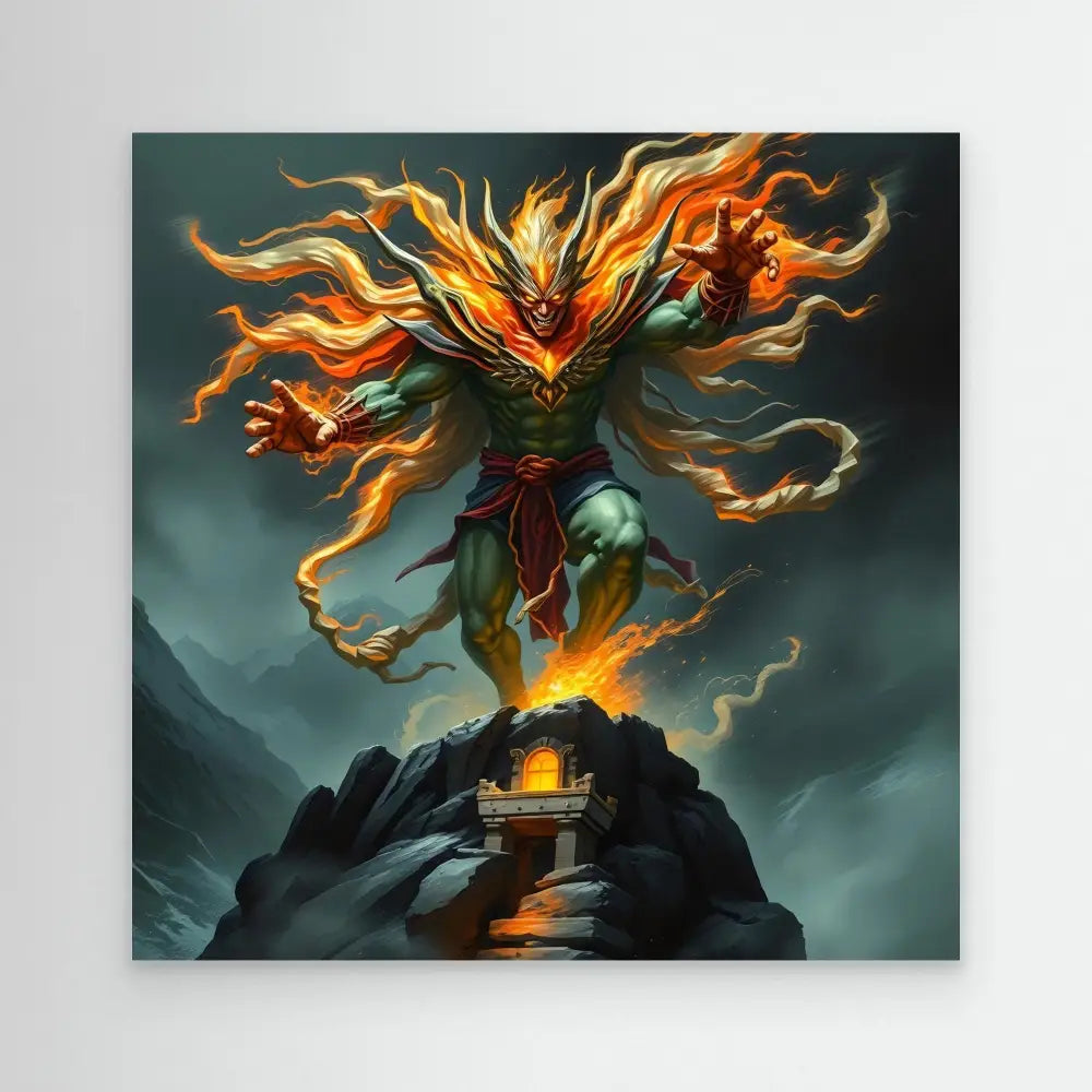 A fiery spirit-like being with flowing flame tendrils hovers above a mountain shrine.