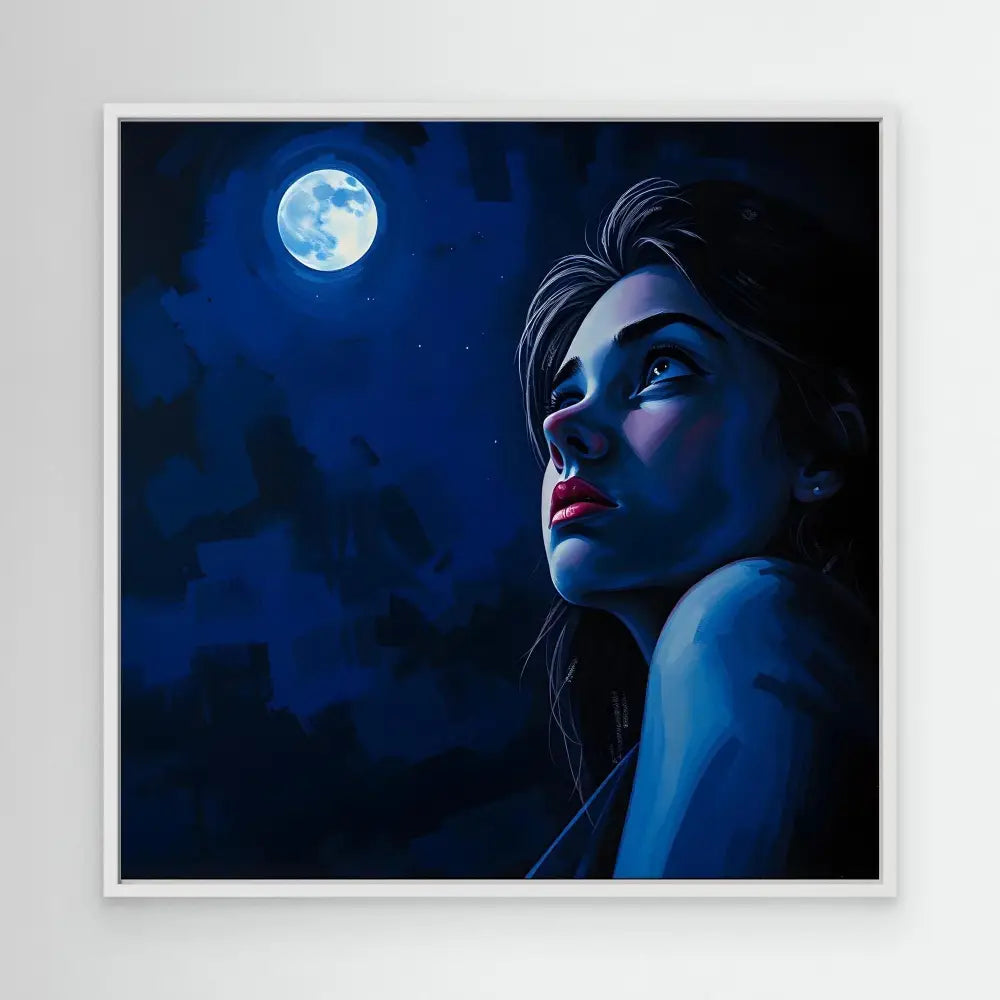 A figure bathed in moonlight with dramatic blue lighting and red lips gazing upward.