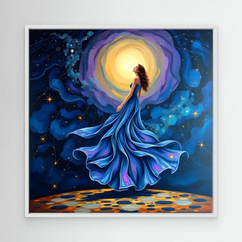 A figure in a flowing blue dress dances beneath a glowing moon.