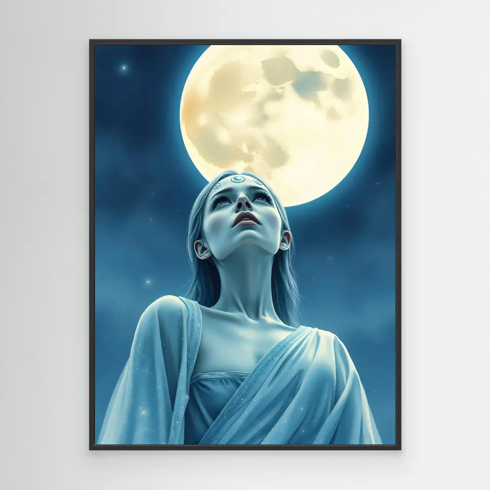 A figure in flowing blue fabric gazes upward at a full moon.