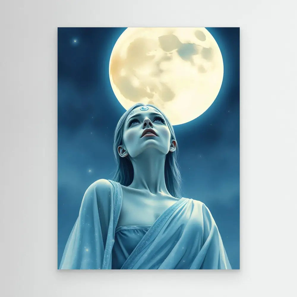 A figure in flowing blue robes gazes upward at the full moon.