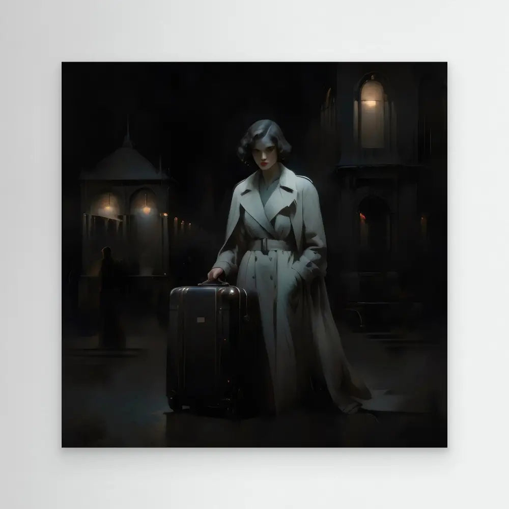 A figure in a light-colored trench coat standing with a suitcase.