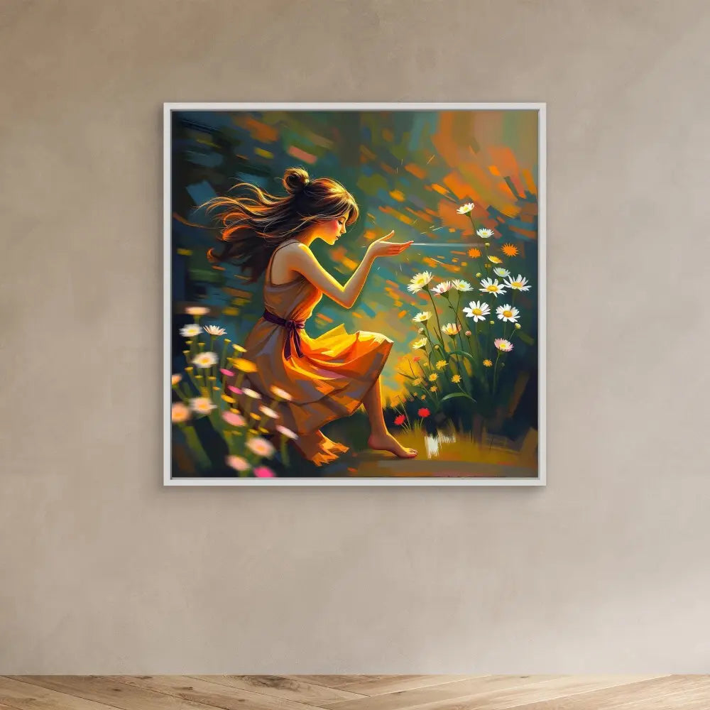 A figure in a flowing orange dress blowing flower petals in the wind.