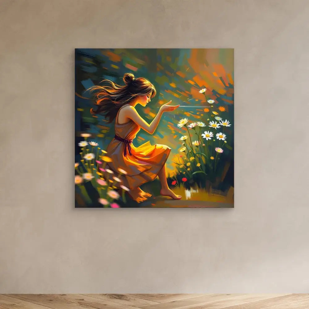 A figure in a flowing orange dress blowing flower petals in the wind.