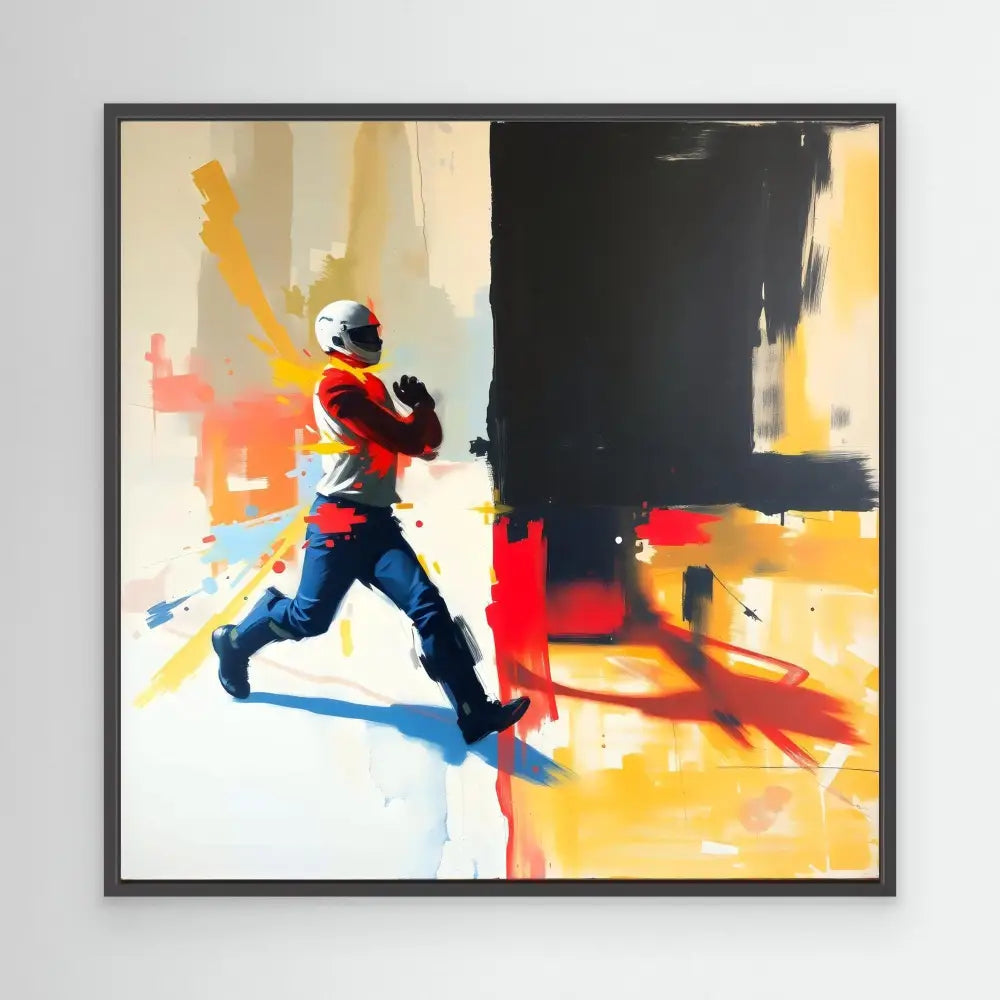 A running figure painted in bold, dynamic brushstrokes with red, blue and black colors.