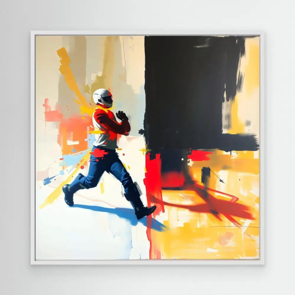 A running figure painted in bold, dynamic brushstrokes with splashes of orange, blue, and red colors.