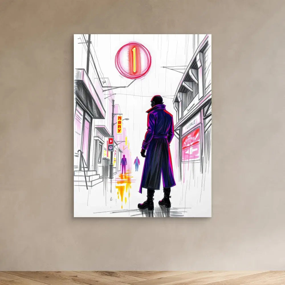 A figure in a purple coat stands silhouetted against a sketched urban street.