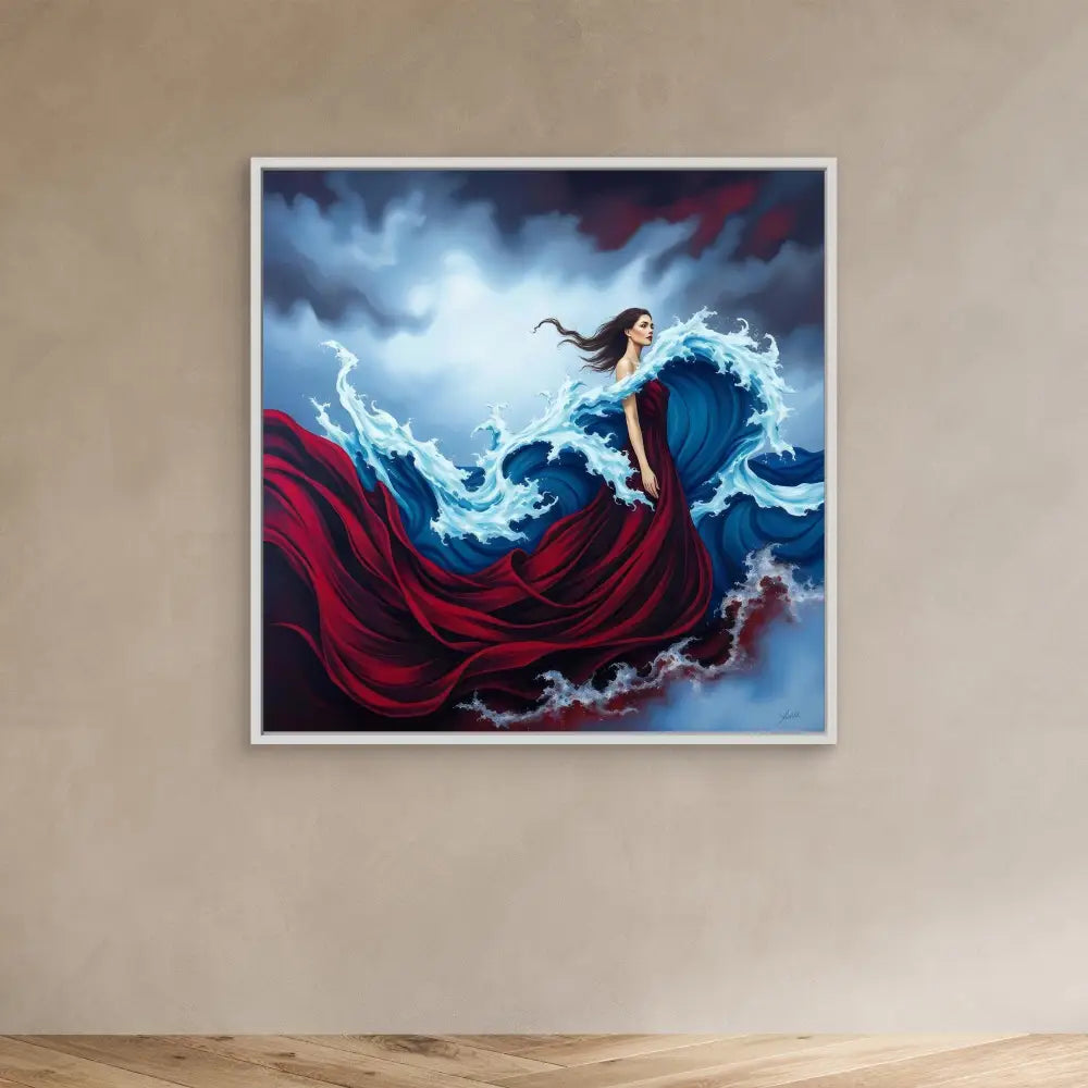 A figure in a flowing red dress stands amid swirling water and storm clouds.