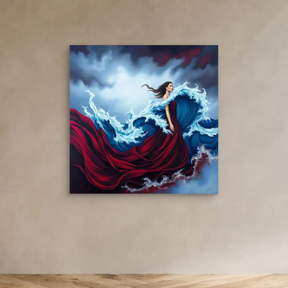 A figure in a flowing red dress stands amid swirling waves of ethereal blue energy.