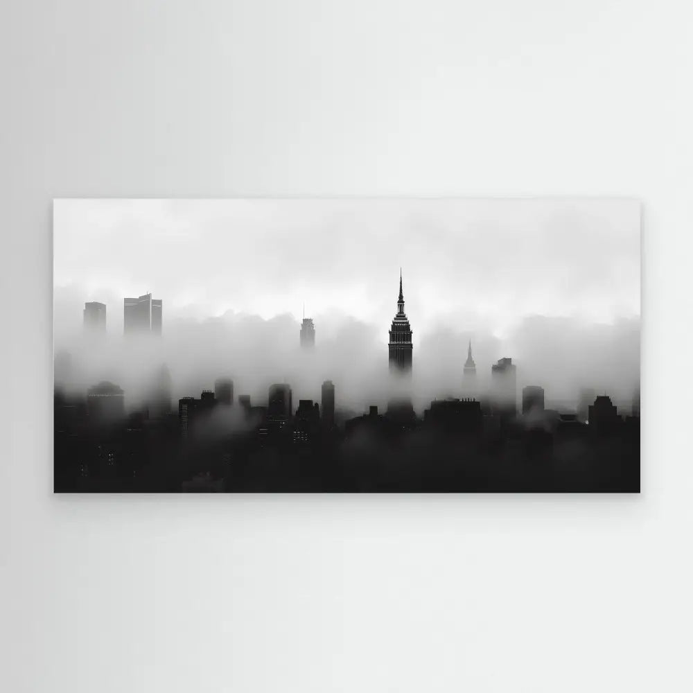 A foggy black and white silhouette of the New York City skyline featuring the Empire State Building.