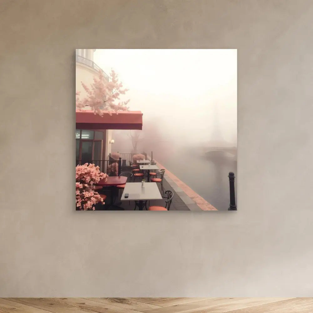 Foggy outdoor restaurant patio with tables and pink flowering plants.