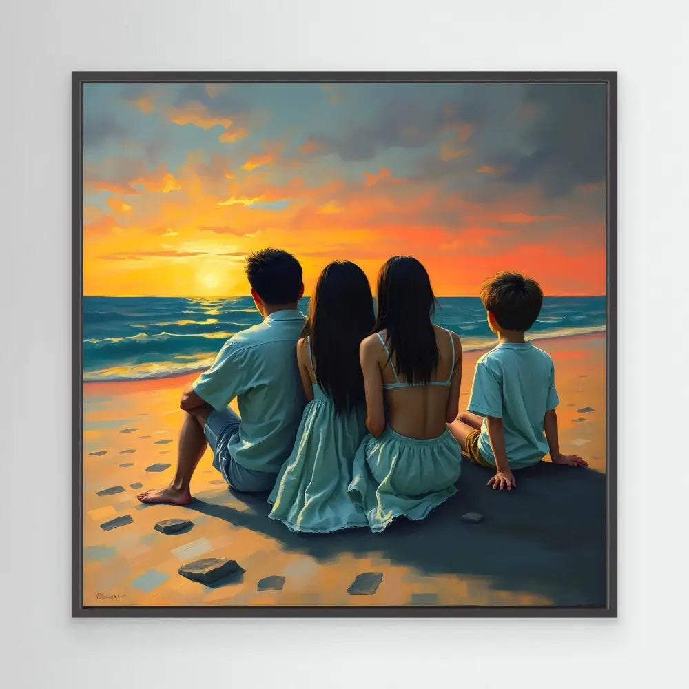 Four figures sitting together on a beach watching a sunset.