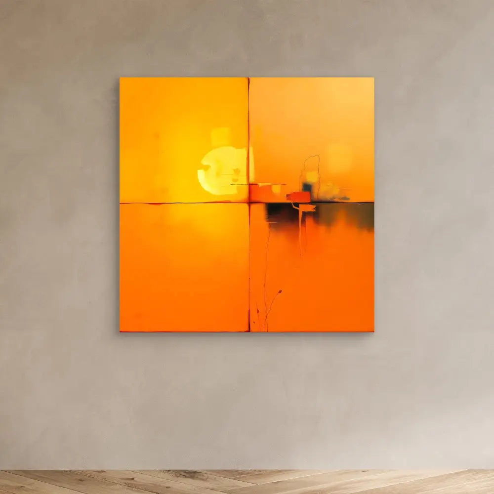 Four-panel orange wall art depicting a sunset with a minimalist horizon line.