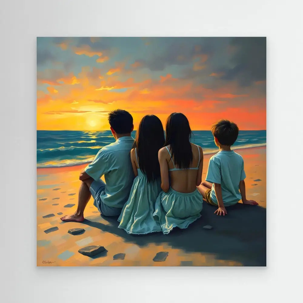 Four people sitting together on a beach at sunset.