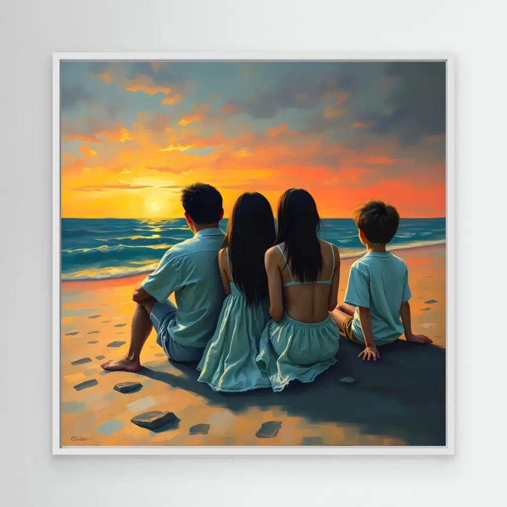 Four people sitting together on a beach watching a vibrant sunset.